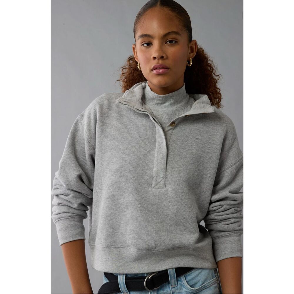 American Eagle Outfitters Cropped Henley Fleece Sweatshirt Size S - Picture 4 of 11